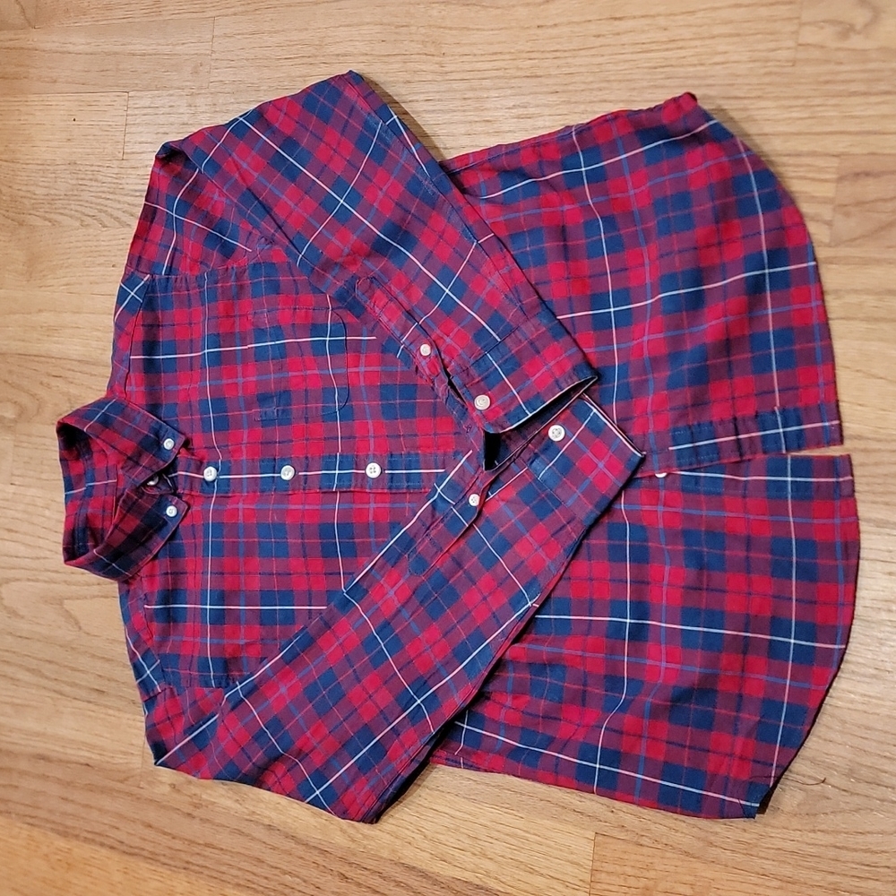 Lands' End Boys' Red and Blue Plaid Button Down Dress Shirt